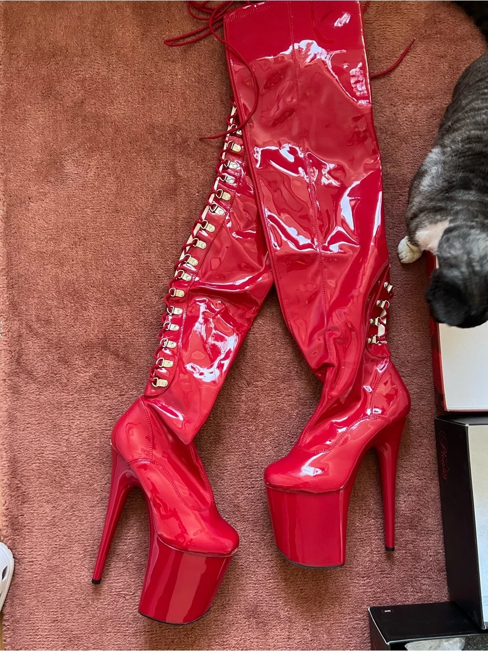 Pleaser Red Patent Thigh-High Platform Stiletto Boots